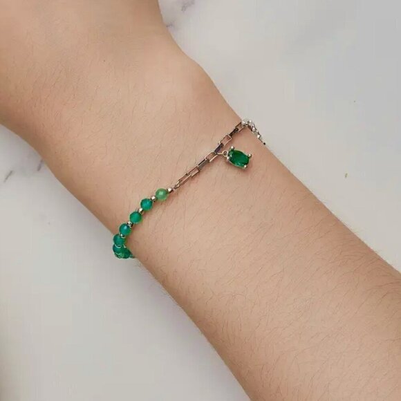 NWT Green Gem Charm Bracelet S925 Sterling Silver Beaded Boxy Chain Delicate - Picture 7 of 10